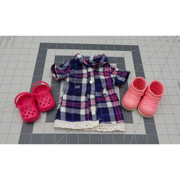 Our Generation Shannon Doll Camping Dress Shirt Shoes Boots Clogs Blue Pink - Picture 1 of 8